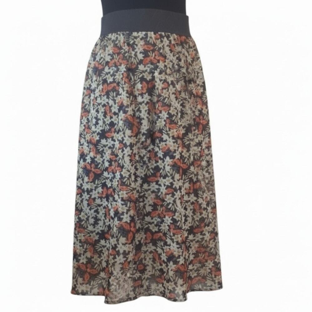 LuLaRoe Women Midi Skirt Black w/ Flowers Lightweight Elastic Waistband Size 2XL
